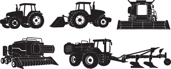 Black Solid Agricultural Tractors Silhouettes Set of Six on White Background © AADIL