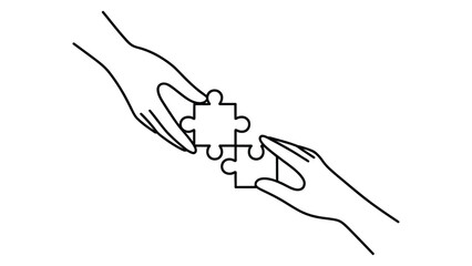 Obraz premium minimal line icon of two hands connecting puzzle pieces, teamwork and collaboration concept illustration, partnership solution outline design