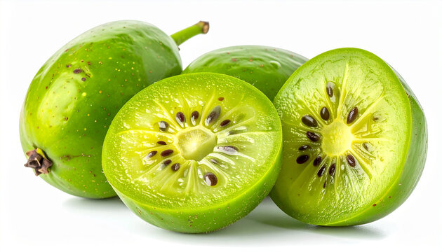 Fresh umbu fruits isolated on white background, whole and halved pieces showing juicy pulp and seeds, bright natural green-yellow tones.