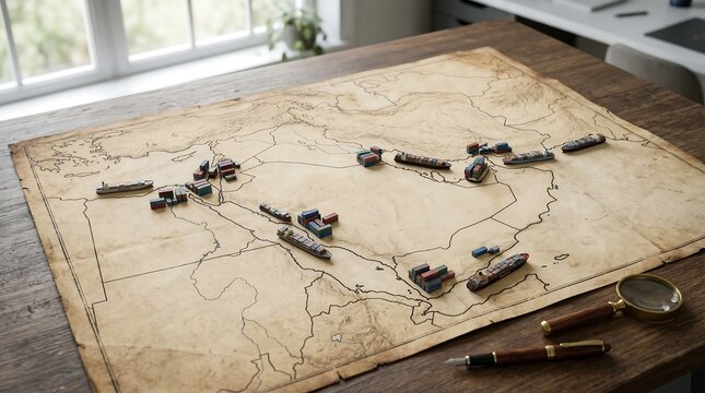 Fleet of Miniature Warships Dispersed on Vintage Map for Planning
