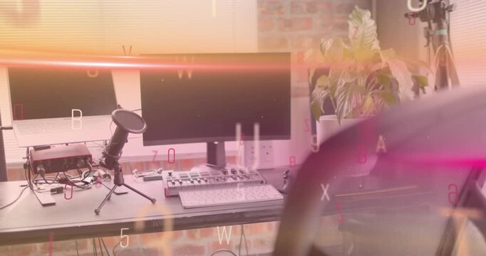 Vertical video: Desk setup revealing mic as animated overlay sweeping in, showing creator tools