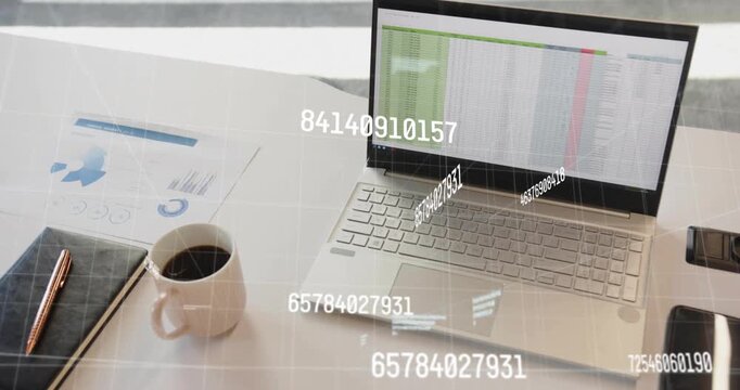 Vertical video: Laptop getting live data, animating HUD data over sheet then fading for finance