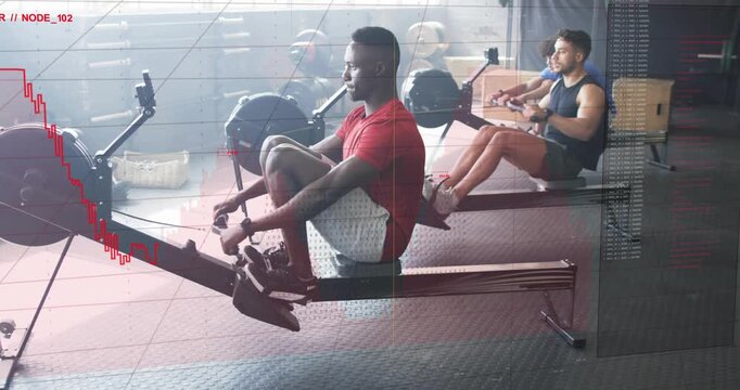 Man in red shirt checking wrist device and rowing on ergometers, overlay updating fitness metrics