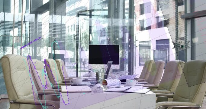 Camera moving forward white table centering monitor chairs flanking teal mesh sweeping showing data
