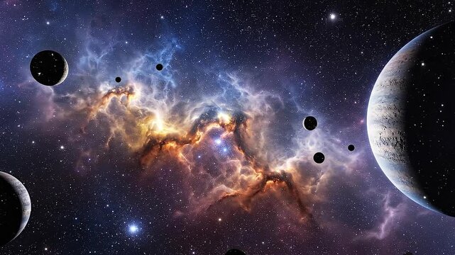 Cosmic scene featuring vibrant nebula with swirling gases and multiple planets, showcasing the vastness of space and celestial bodies in a stunning astronomical display