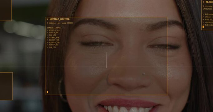 Woman holding gaze while orange tech HUD appearing over face, showing status, evoking laughter