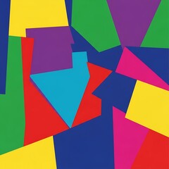 A vibrant abstract composition with various geometric shapes and vivid colors, including blue, red, green, purple, pink, and yellow