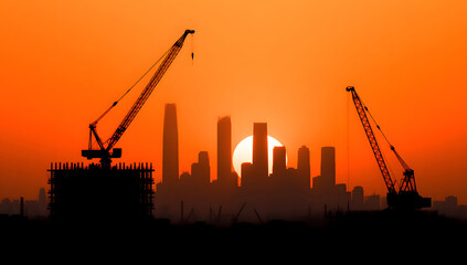 Obraz premium City skyline construction silhouette at sunset