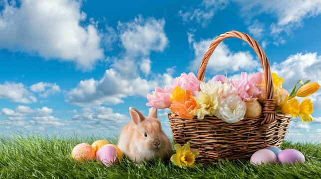 Osterkorb mit bunten Eiern und Blumen auf Wiese neben Kaninchen. Fr&uuml;hlingsmotiv mit Copyspace, Konzept f&uuml;r Ostern, Natur und saisonale Dekoration.