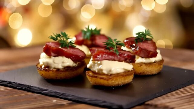 Gourmet appetizers with meat and cream on black slate against warm lights