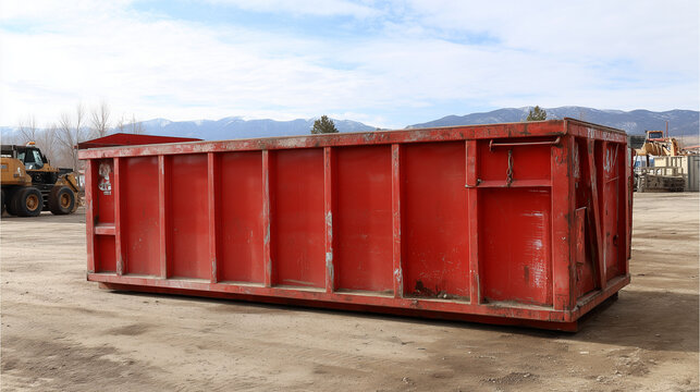 Roter Container auf Baustelle f&uuml;r Schutt und Sperrm&uuml;ll. Industriemotiv mit Copyspace, Konzept f&uuml;r Entsorgung, Bauarbeiten, Recycling und Abfallmanagement.