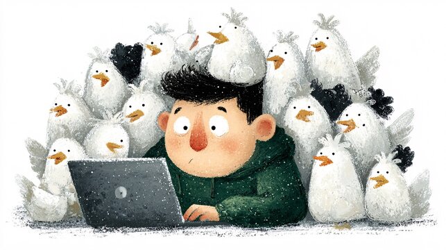 A person trying to type on a laptop while a flock of small, robotic birds land on their head and shoulders, distracted and funny