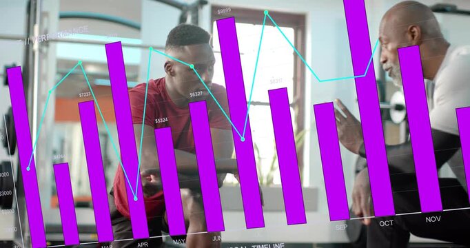 Coach gesturing in gym sparking data overlay showing progress on purple bar chart with month labels