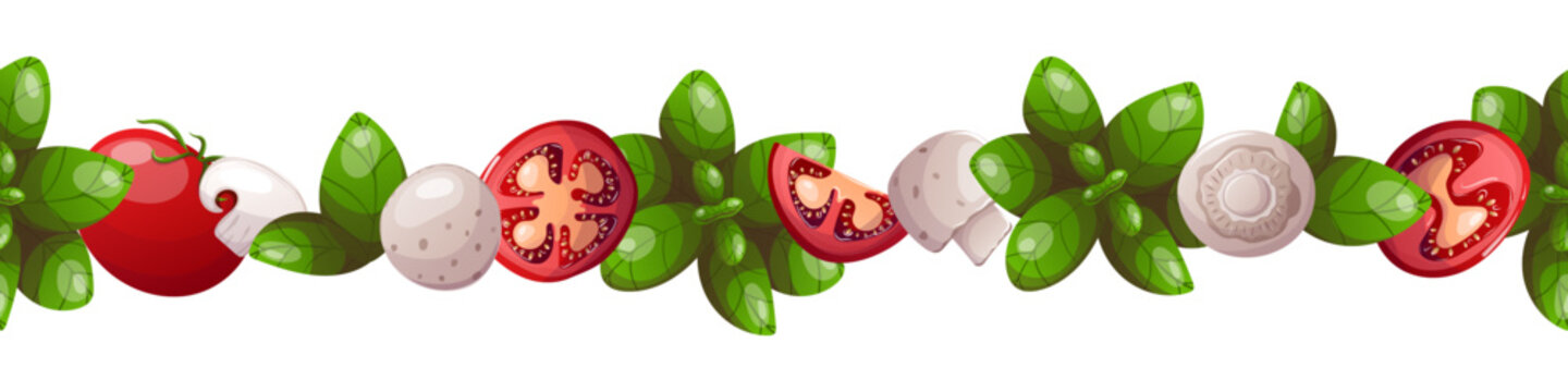 Seamless border with tomatoes, basil and mushrooms