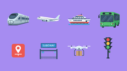 Transportation and logistics icons set including high speed train airplane ferry bus delivery drone and traffic light in flat vector design © 张锋