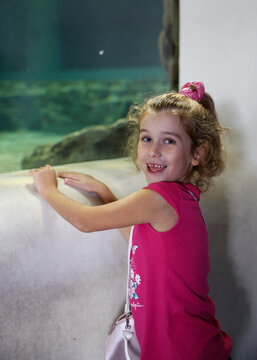 Bambina felice dalla vasche dei pinguini dell'acquario di Genova, Liguria, Italia, Europa.