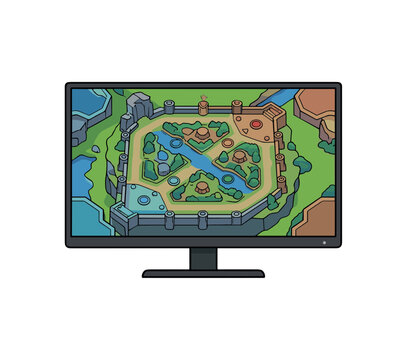 Flat vector illustration of a gaming monitor displaying a strategic battle map for esports and online multiplayer game interface design concepts