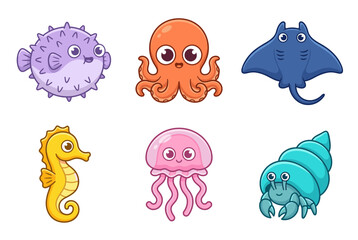 Cute sea creatures and ocean life collection featuring puffer fish octopus stingray seahorse jellyfish and hermit crab in kawaii flat style © 张锋