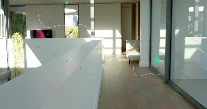 On scene load animated overlays appearing and moving across white counter, showing spatial data