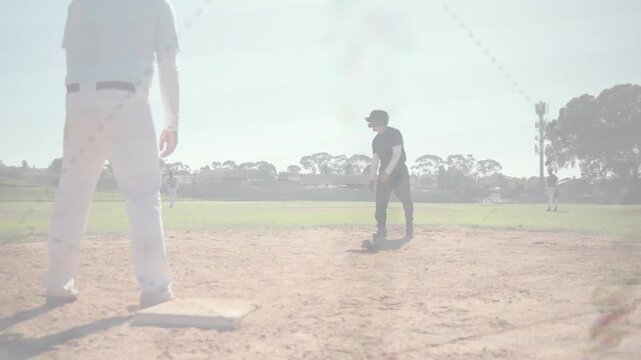 Baseball runner preparing to advance, shifting after pitcher windup, animated line to base