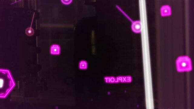 Magenta HUD activating, icons drifting in, label rotating to ZERO-DAY, flagging exploit