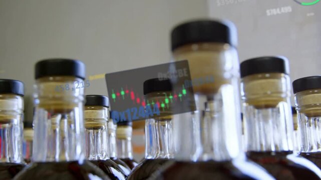 Digital chart panel fading in on start drifting and rotating over bottles, showing candlestick data