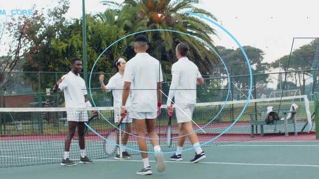 Duo walking to net initiating handshakes as greeting, holding rackets, HUD overlaying tennis court