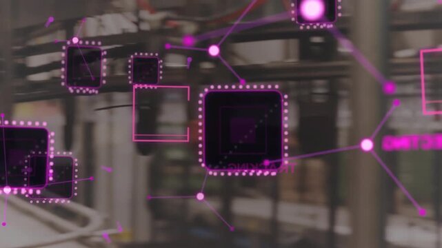 Camera tracking along rail, conveyor hooks receiving magenta AR nodes, enabling factory monitoring