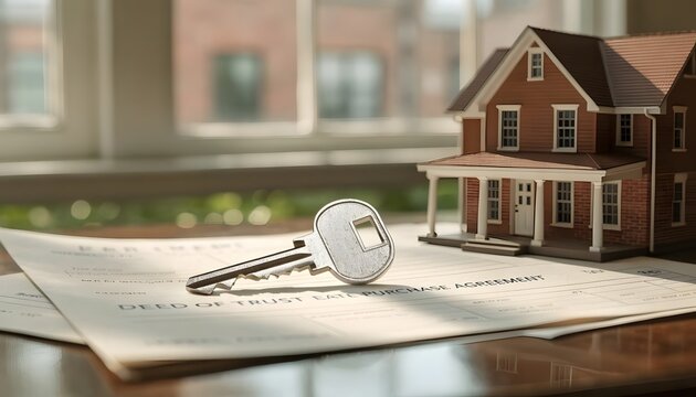 Mortgage closing scene with silver key house model and property paperwork high resolution Picture