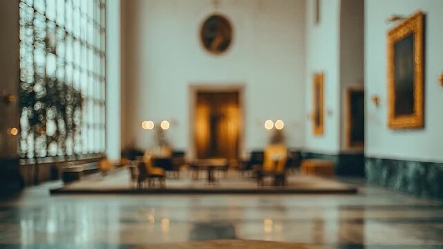 Empty wooden table in foreground of a blurred elegant interior setting.