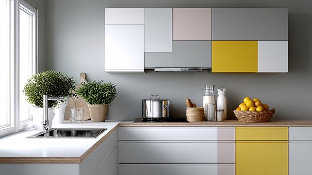 A minimalist kitchen where all the cabinet doors have been replaced with a patchwork of colorful vintage posters, joyful chaos in interior design