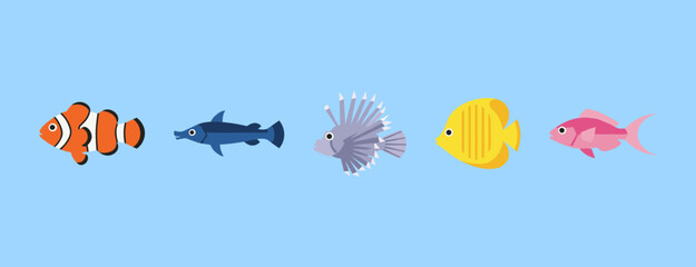 Tropical coral reef fish collection set including clownfish lionfish and butterflyfish in flat vector illustration style for marine life education © 张锋