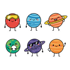 Cute solar system planets characters with funny expressions and faces including earth saturn and sun, kawaii space science flat vector illustration © 张锋