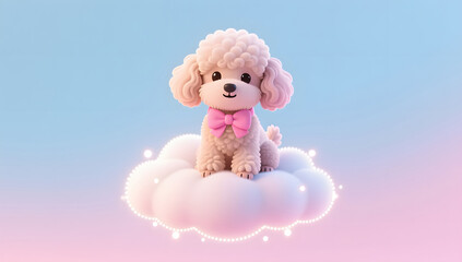Obraz premium Poodle puppy with pink bow sitting on a floating cloud