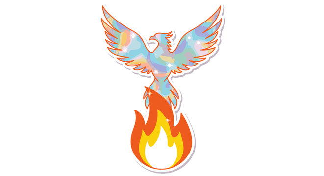 Mythical phoenix bird rising from flames, symbolizing rebirth, resurrection, and immortality, vibrant colors, graphic illustration