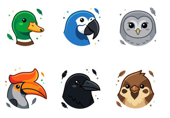 Collection of colorful bird head profile icons including duck parrot owl hornbill crow and sparrow in flat vector style for web and graphic design © 张锋