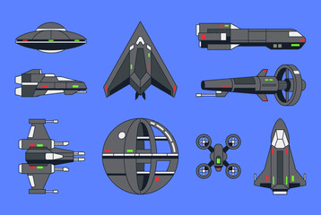 Sci-fi futuristic spaceship and spacecraft collection in flat vector style including saucer stealth fighter satellite drone and cosmic shuttles © 张锋