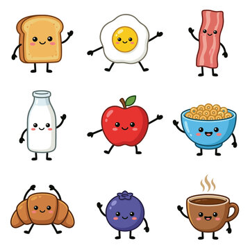 Cute kawaii breakfast food character set with smiling faces including toast egg bacon milk apple cereal bowl croissant blueberry and coffee cup