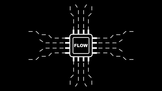 white flow microchip circuit board on black background for technology and innovation concept