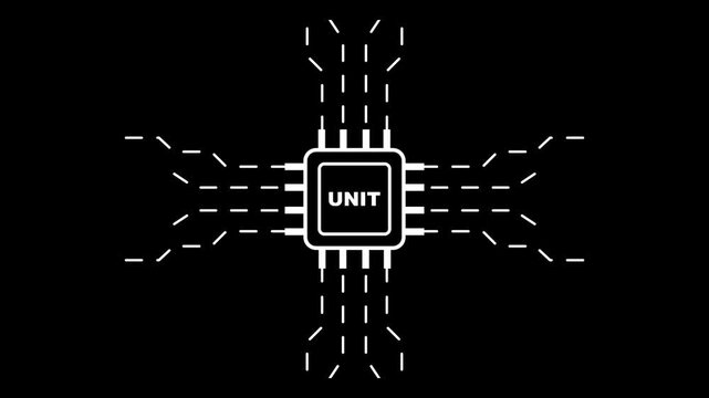 white microchip unit on black background with neon outline computer chip