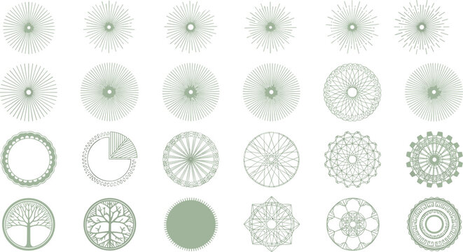 Stylized grid of twenty‑five circular geometric designs with radial symmetry, resembling mandalas, spirographs, or wheels, ideal for abstract, decorative, or artistic themes.