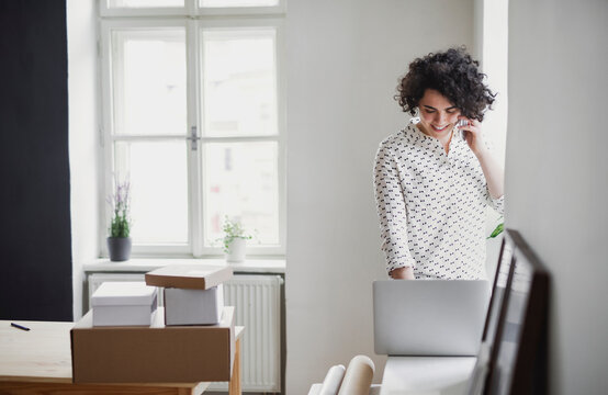 Smiling young woman on the phone using laptop in home office