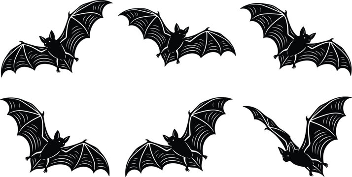 Set of six black flying bat silhouettes with detailed wing texture for Halloween decorations, spooky gothic patterns, and nocturnal animal illustrations.