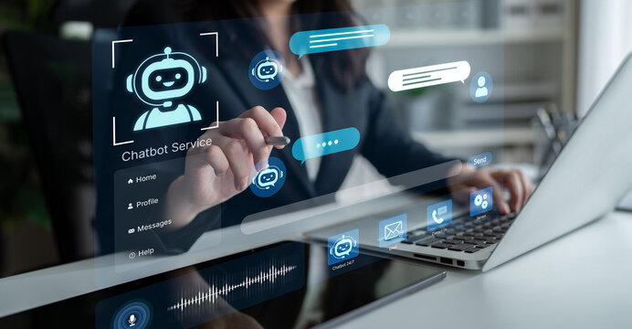 Modern AI chatbot service dashboard featuring 24 7 automated AI support, voice recognition, and omnichannel NLP AI communication. Customer experience, CRM, ask digital AI helpdesk technology. Corpus