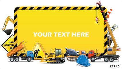 Heavy Construction Machinery and Industry Vector Template. Realistic 3D Set of Excavators, Cranes, and Cement Trucks with Caution Frame. © RANA