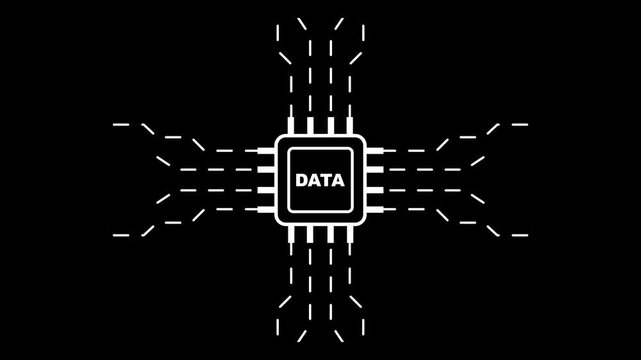 Neon data processor chip with glowing blue lines on black background