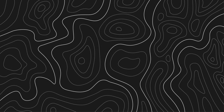 Vector illustration. Abstract dark topographic map background with white contour lines. Minimalist geographic terrain pattern for modern dark mode web design. Liquid dynamic lines. Topography concept
