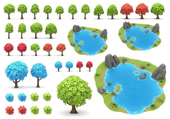 Naklejka premium Collection of 3D tree and lake illustrations for landscape design