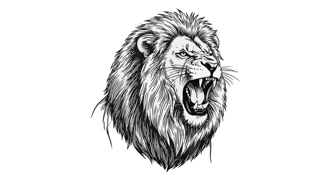 Detailed black and white engraving style illustration of a roaring male lion head with open mouth showing sharp teeth and fangs, intricate mane texture, isolated on white background.