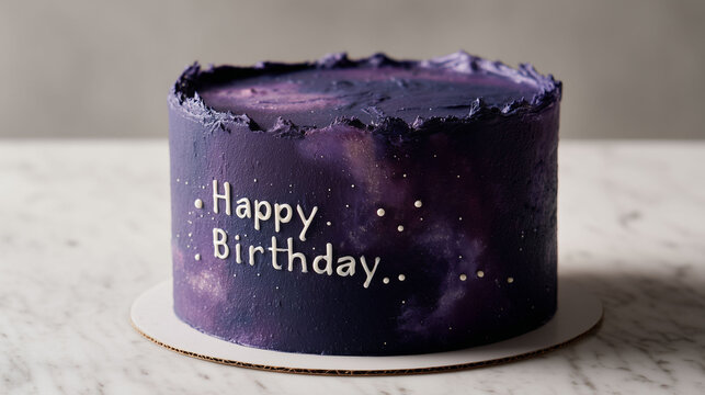 Galaxy-themed "Happy Birthday" cake with nebula and milky way pattern, sophisticated cosmic dessert design, elegant space cake for celebration on marble surface